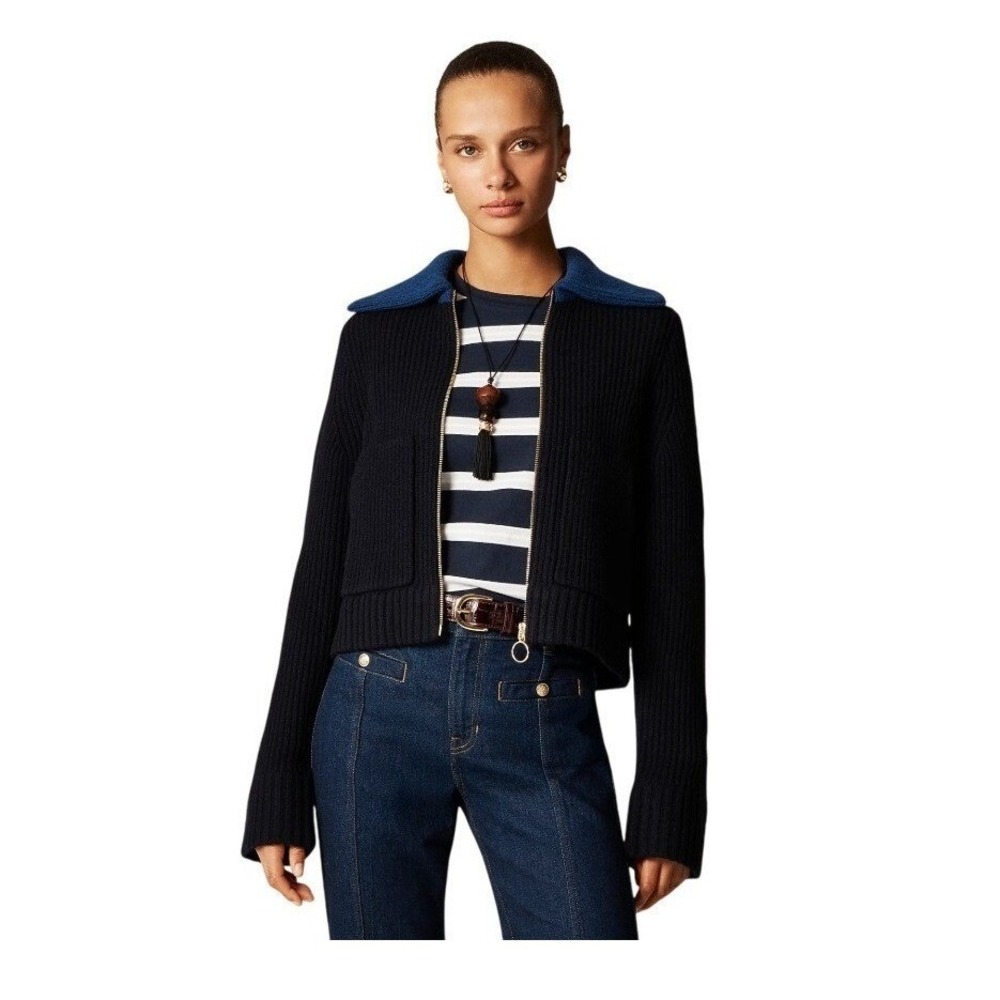 J. Crew Colorblock Collared Full Zip Cardigan Sweater Navy Blue Merino‎ Wool M